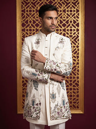 Silk Blend Peacock & Floral Embroidered Indo-Western Set
