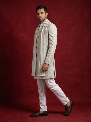 Men Silk Blend Embroidered Indo-Western Set