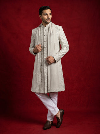 Men Silk Blend Embroidered Indo-Western Set