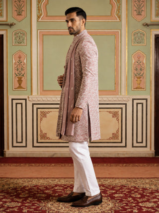 Men Silk Blend Embroidered Indo-Western Set
