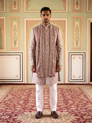 Men Silk Blend Embroidered Indo-Western Set