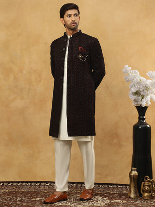 Men’s Maroon Velvet Embroidered Indo-Western Set