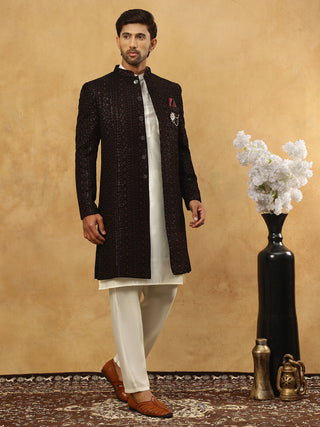 Men’s Maroon Velvet Embroidered Indo-Western Set
