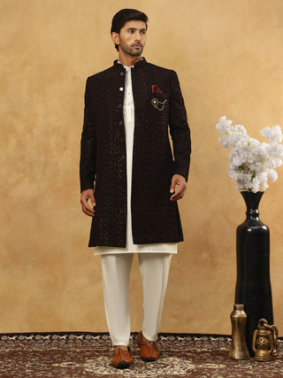 Men’s Maroon Velvet Embroidered Indo-Western Set