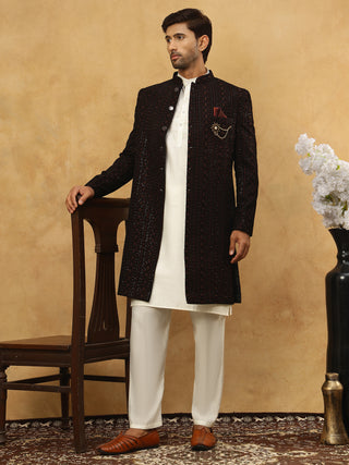 Men’s Maroon Velvet Embroidered Indo-Western Set