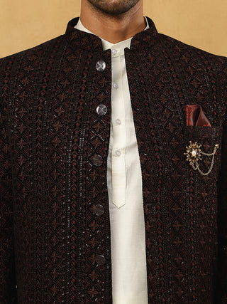 Men’s Maroon Velvet Embroidered Indo-Western Set