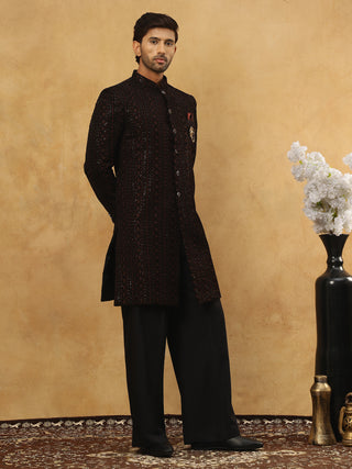 Men’s Maroon Velvet Embroidered Indo-Western Set