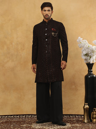 Men’s Maroon Velvet Embroidered Indo-Western Set