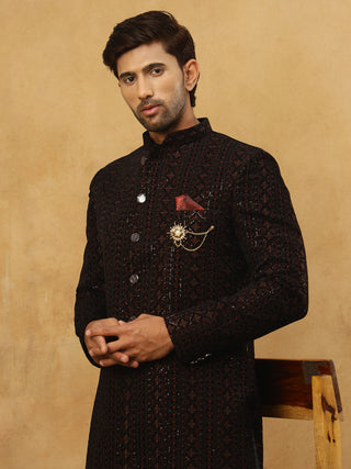 Men’s Maroon Velvet Embroidered Indo-Western Set