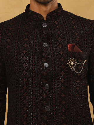 Men’s Maroon Velvet Embroidered Indo-Western Set
