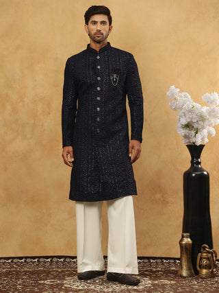 Men’s Navy Velvet Embroidered Indo-Western Set