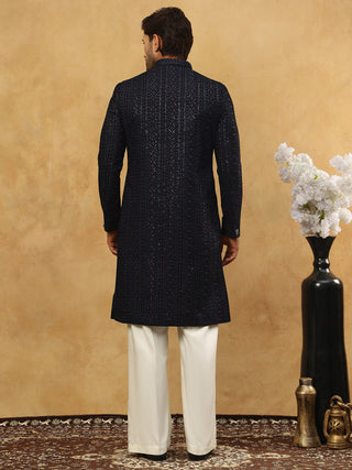Men’s Navy Velvet Embroidered Indo-Western Set