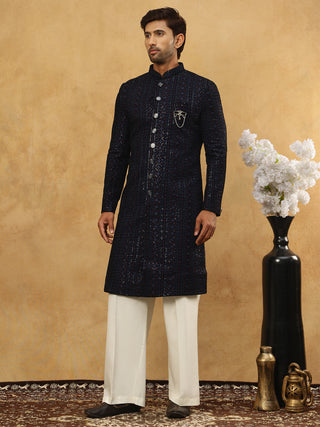 Men’s Navy Velvet Embroidered Indo-Western Set