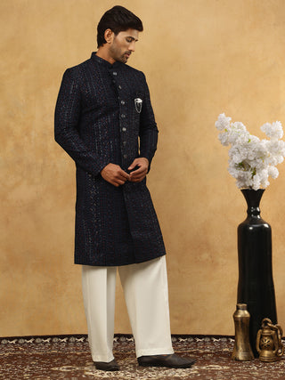 Men’s Navy Velvet Embroidered Indo-Western Set