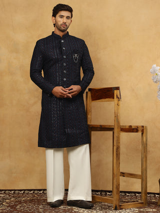 Men’s Navy Velvet Embroidered Indo-Western Set
