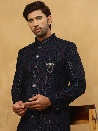 Men’s Navy Velvet Embroidered Indo-Western Set