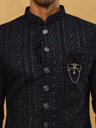 Men’s Navy Velvet Embroidered Indo-Western Set