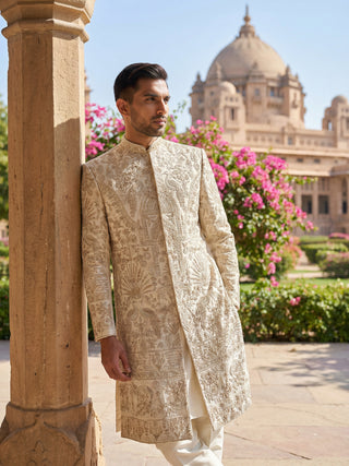 Traditional Zari Work Ivory Sherwani Set