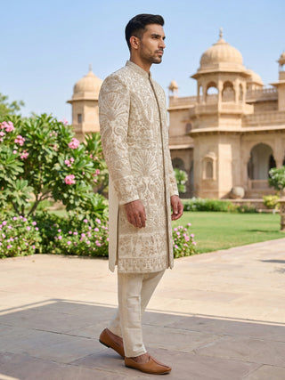 Traditional Zari Work Ivory Sherwani Set