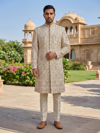 Traditional Zari Work Ivory Sherwani Set