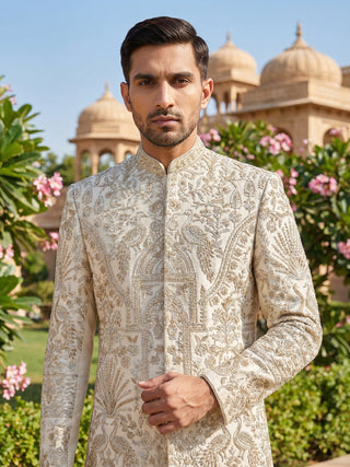 Traditional Zari Work Ivory Sherwani Set