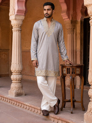 Cotton Blend Embroidered Kurta with Korean Pants