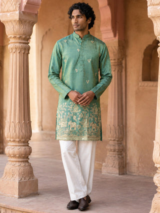 Silk Blend Embroidered Kurta with Korean Pants