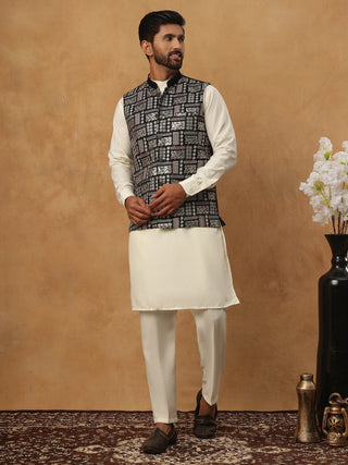 Embroidered Nehru Jacket Set with Solid Kurta Pyjama