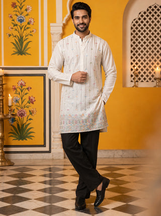 Men’s Silk-Blend Embroidered Kurta with Korean Pants