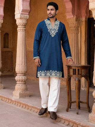Cotton Blend Embroidered Kurta with Korean Pants