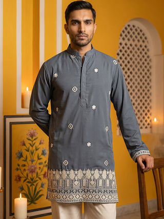 Men's Japanese Fabric Embroidered Kurta with Korean Pants Set