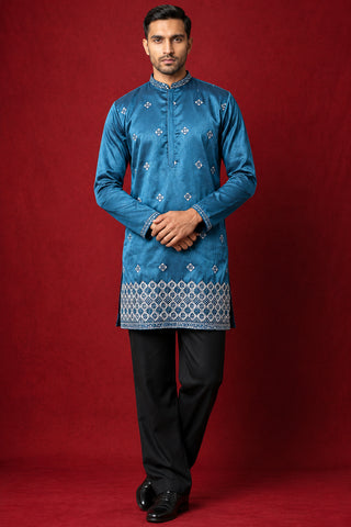 Silk Blend Embroidered Kurta & Korean Pants Set