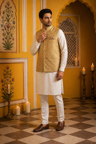 Woven Design Nehru Jacket With Solid Kurta Pyjama for Men