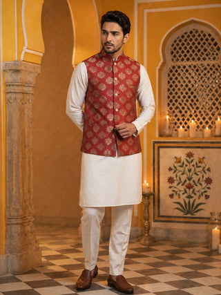 Men's Maroon Printed Nehru Jacket With Solid Kurta Pyjama
