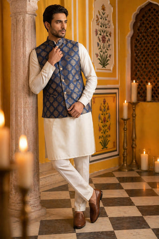 Men's Navy Blue Printed Nehru Jacket With Solid Kurta Pyjama