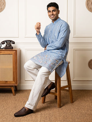 Men’s Silk-Blend Embroidered Kurta with Korean Pants