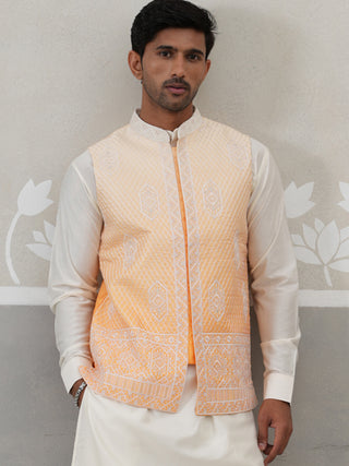 Orange Silk Blend Embroidered Nehru Jacket