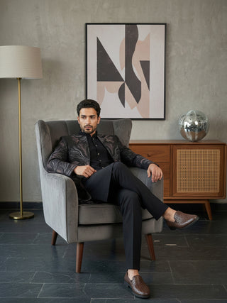 Men Black Embroidered Indo-Western Set