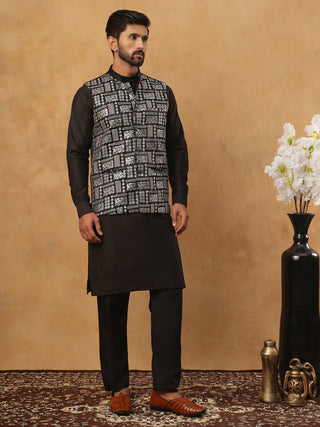 Embroidered Nehru Jacket Set with Solid Kurta Pyjama