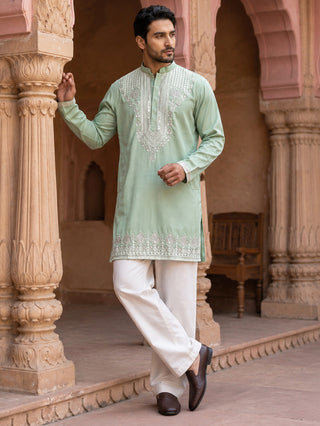 Embroidered Cotton Blend Kurta with Korean Pants
