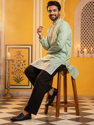 Embroidered Cotton Blend Kurta with Korean Pants