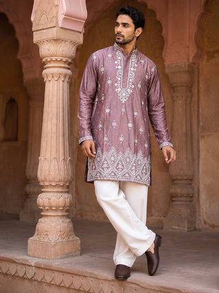 Silk Blend Embroidered Kurta with Korean Pants
