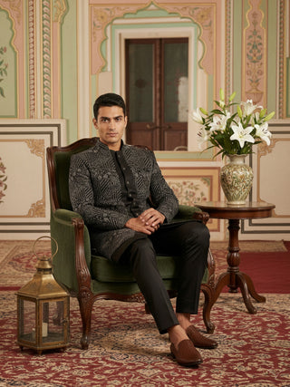 Men Black Embroidered Indo-Western Set