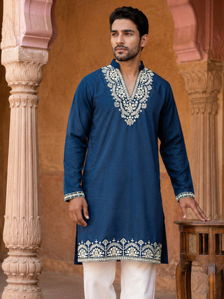 Cotton Blend Embroidered Kurta for Men