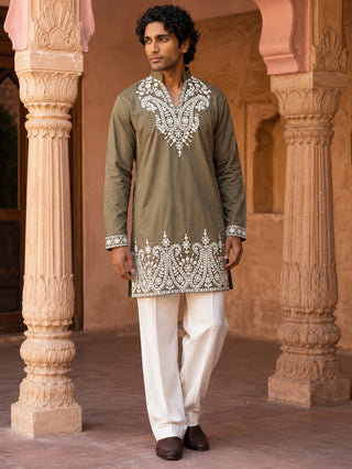 Embroidered Cotton Blend Kurta with Korean Pants