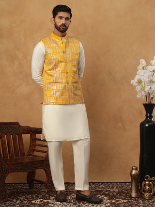 Embroidered Nehru Jacket Set with Solid Kurta Pyjama