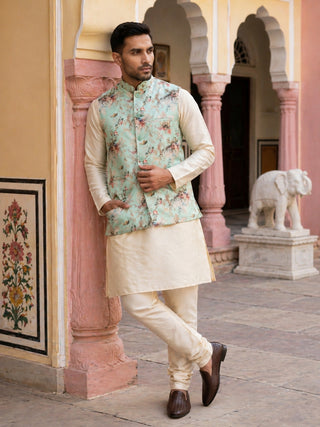 Men's Silk Blend Kurta Set with Printed Nehru Jacket