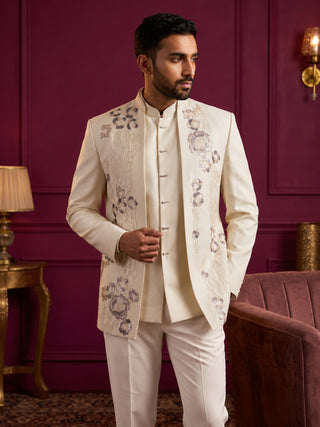 Men Cotton Blend Floral Embroidered Indo-Western Set
