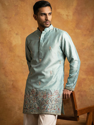 Silk Blend Embroidered Kurta & Korean Pants Set