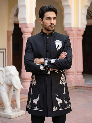 Silk Blend Horse & Crane Embroidered Indo-Western Set